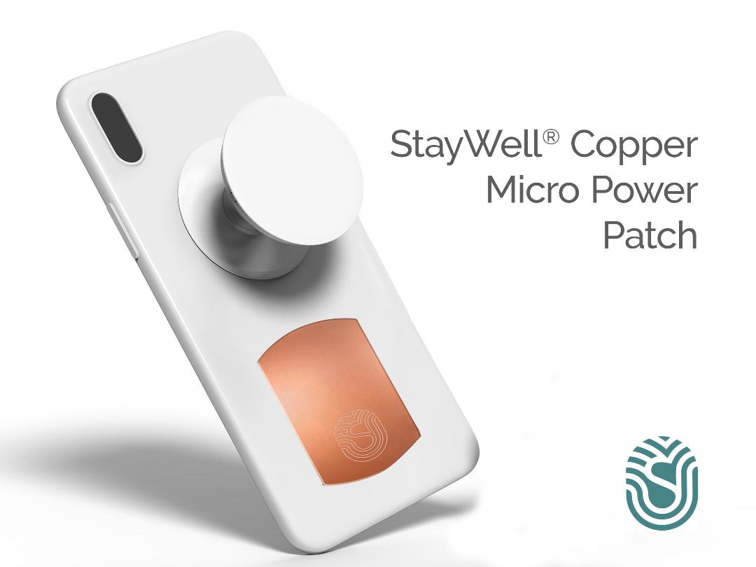 StayWell Copper Micro Power Patch 2" x 1.125" Adhesive Phone Patch attached to phone and  made in USA from natural antimicrobial copper attaches to germy devices we touch most. Sanitizers, Chemical Free, Lasts Forever. Recyclable. Kills 99.9% of Harmful Bacteria. EPA registered.