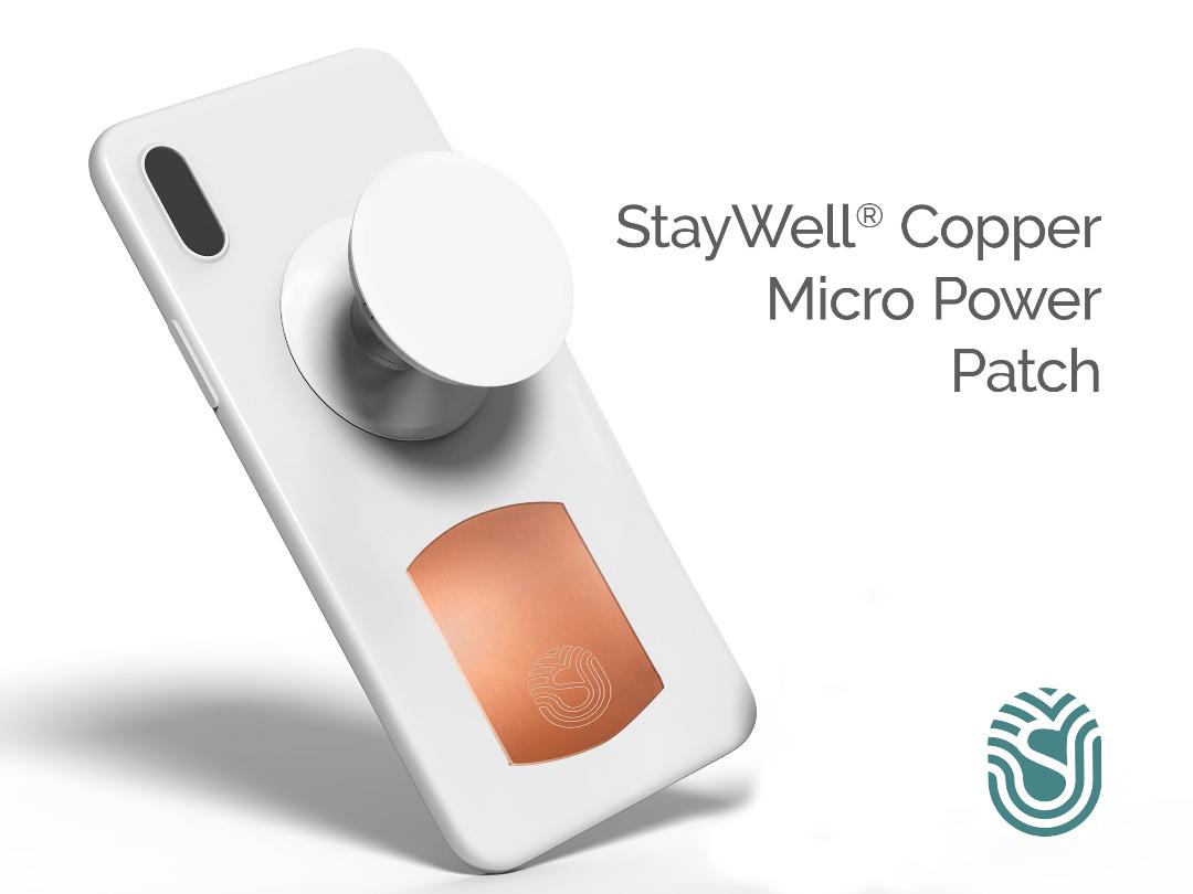 StayWell Copper Micro Power Patch 2" x 1.125" Adhesive Phone Patch attached to phone and made in USA from natural antimicrobial copper attaches to germy devices we touch most. Sanitizers, Chemical Free, Lasts Forever. Recyclable. Kills 99.9% of Harmful Bacteria. EPA registered.
