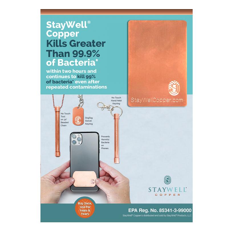 One  2" x 3" Adhesive Phone Patch made in USA from natural antimicrobial copper attaches to germy devices we touch most – phones! Product shown on 5"x7" information card. All Natural Hand Sanitizers, Chemical Free, Lasts Forever. Will not chap hands or make sore. Recyclable. Kills 99.9% of Harmful Bacteria. EPA registered.