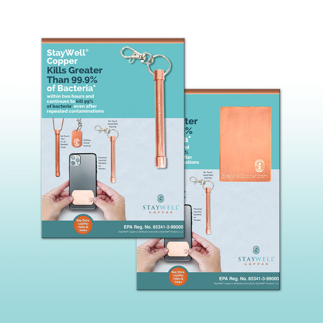 2" x 1.5" Adhesive Phone Patch and 4" Magic Wand Hand Roller with swivel keyclip made in USA from natural antimicrobial copper attaches to germy things we touch most – phones, car keys etc. Products shown on 5"x7" information card. All Natural Hand Sanitizers, Chemical Free, Lasts Forever. Will not chap hands or make sore. Recyclable. Kills 99.9% of Harmful Bacteria. EPA registered. Patented