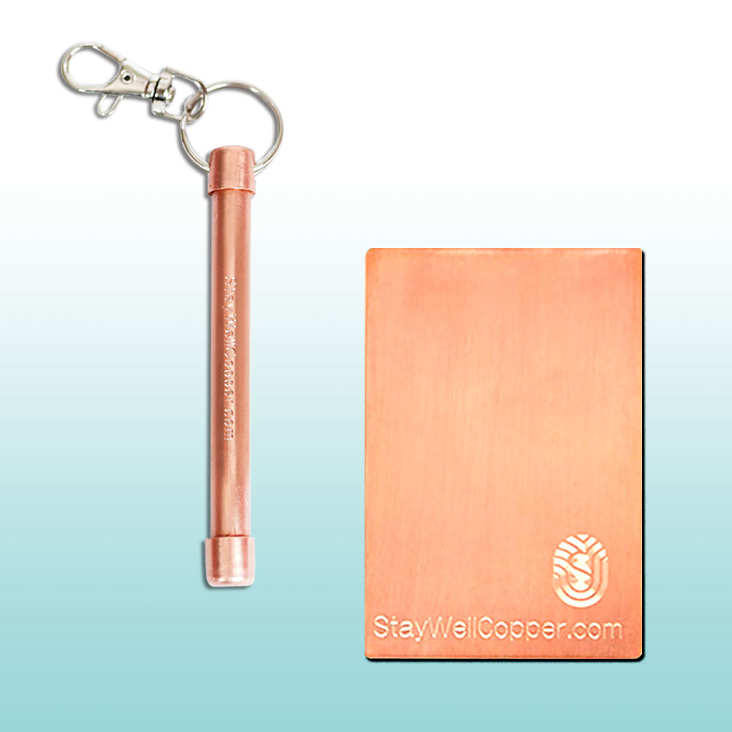 2" x 1.5" Adhesive Phone Patch and 4" Magic Wand Hand Roller with swivel keyclip made in USA from natural antimicrobial copper attaches to germy things we touch most – phones, car keys etc. All Natural Hand Sanitizers, Chemical Free, Lasts Forever. Will not chap hands or make sore. Recyclable. Kills 99.9% of Harmful Bacteria. EPA registered. Patented