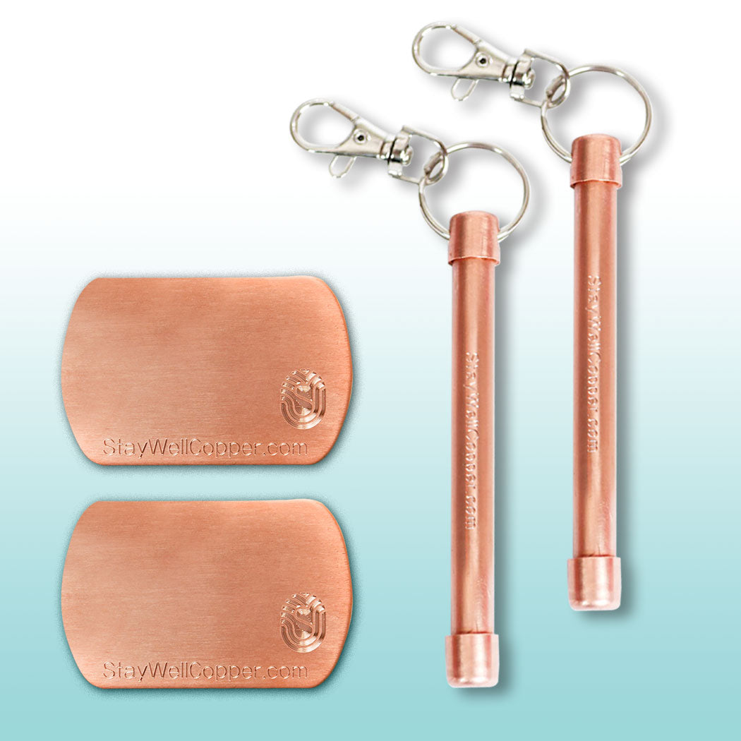 Two 2" x 1.5" Adhesive Phone Patches and Two 4" Magic Wand Hand Rollers with swivel keyclip made in USA from natural antimicrobial copper attaches to germy things we touch most – phones, car keys etc. All Natural Hand Sanitizers, Chemical Free, Lasts Forever. Will not chap hands or make sore. Recyclable. Kills 99.9% of Harmful Bacteria. EPA registered. Patented