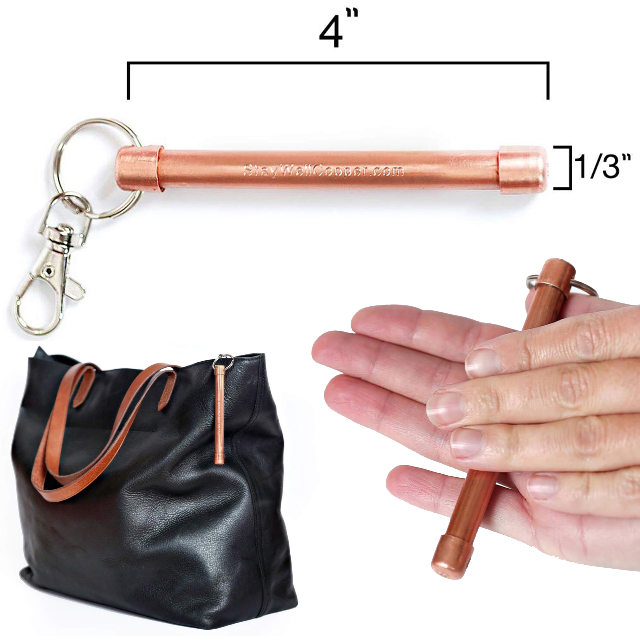 Shows One 4" Magic Wand Hand Roller with swivel keyclip between hands, also attached to the zipper pull of a handbag. Made in USA from natural antimicrobial copper. Roll between hands to kill 99.97% of bacteria, virus, and germs. All Natural Hand Sanitizers, Chemical Free, Lasts Forever. Will not chap hands or make sore. Recyclable. EPA registered. Patented