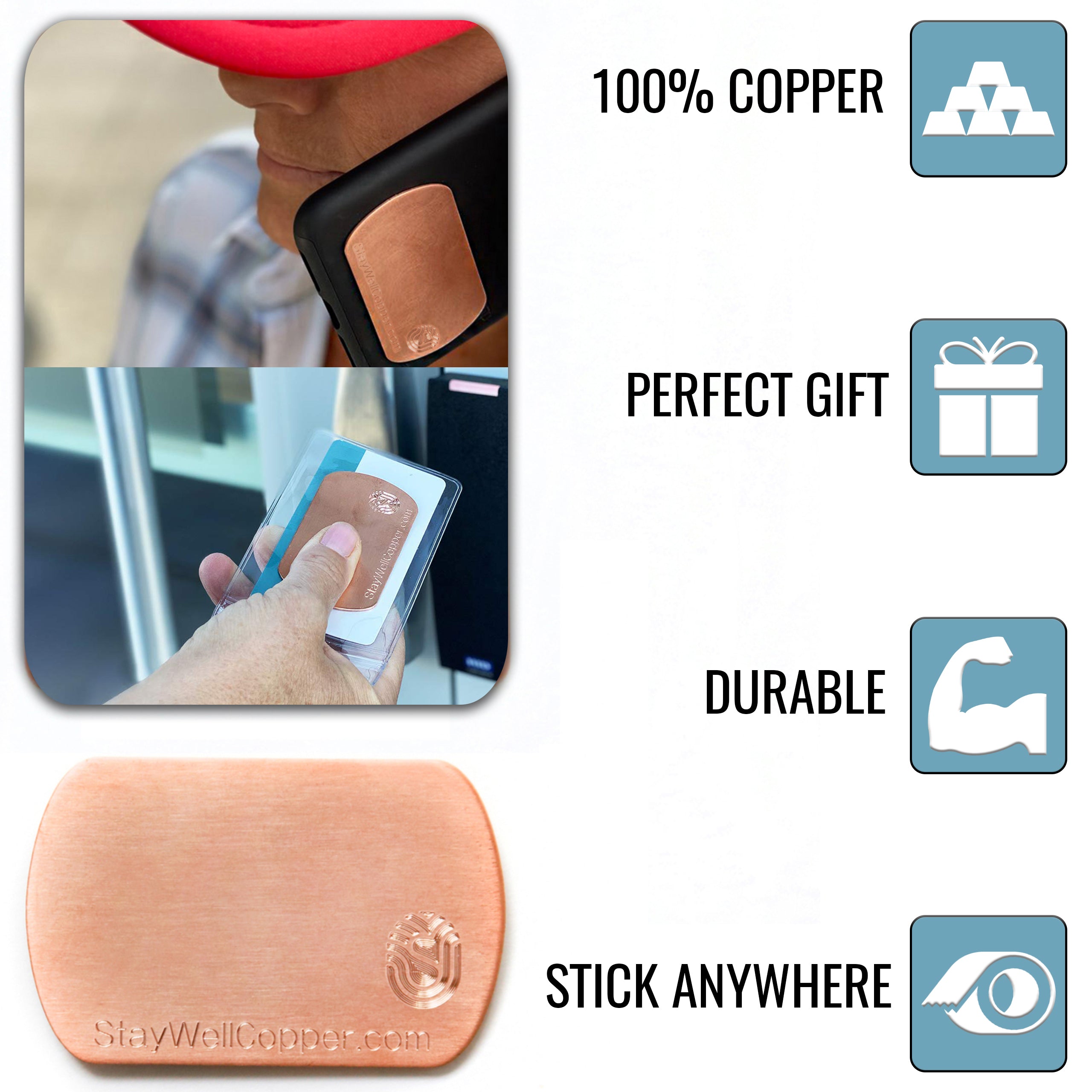100% Copper  Perfect Gift  Durable  Stick Anywhere  2" x 1.5" Adhesive Phone Patch made in USA from natural antimicrobial copper attaches to germy devices we touch most. All Natural Hand Sanitizers, Chemical Free, Lasts Forever. Recyclable. Kills 99.9% of Harmful Bacteria. EPA registered. 