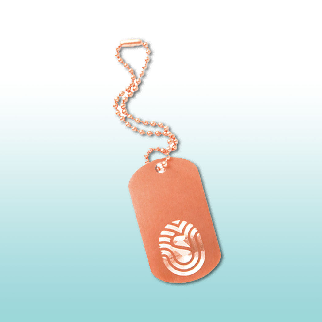 Antimicrobial Copper DogTag Charm on a 6” copper ball chain made in USA from natural antimicrobial copper attaches to germy things we touch most. All Natural Hand Sanitizers, Chemical Free, Lasts Forever. Will not chap hands or make sore. Recyclable. Kills 99.9% of Harmful Bacteria. EPA registered. 