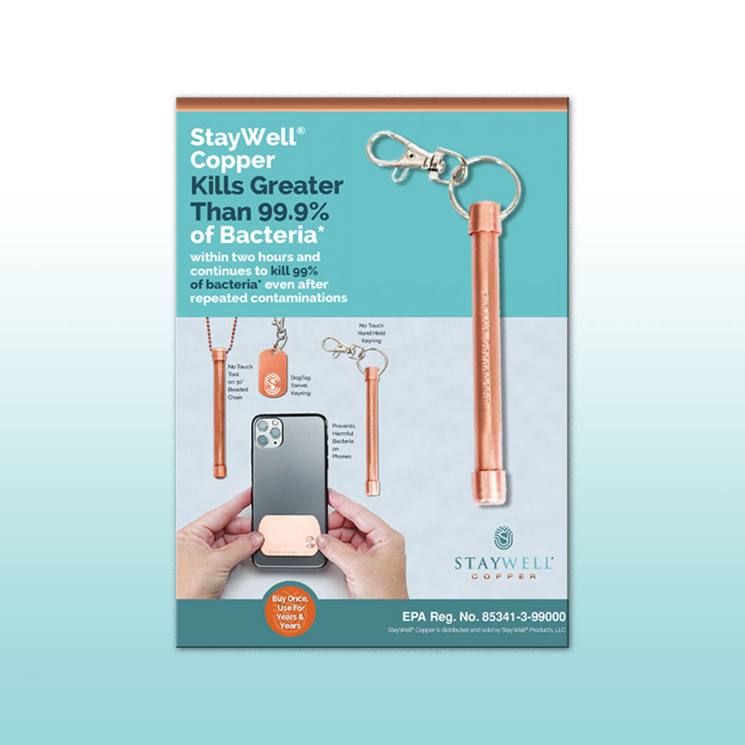 One 4" Magic Wand Hand Roller with swivel keyclip. Made in USA from natural antimicrobial copper. Roll between hands to kill 99.97% of bacteria, virus, and germs. All Natural Hand Sanitizers, Chemical Free, Lasts Forever. Will not chap hands or make sore. Recyclable. Shown on 5” x 7” information card. Kills 99.9% of Harmful Bacteria. EPA registered. Patented