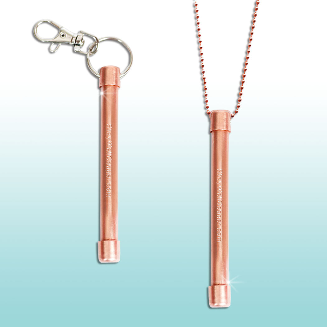 One 4" Magic Wand Hand Roller with swivel keyclip and one 4" Magic Wand Halo Necklace on 30" copper beaded ballchain necklace. Necklace is lacquered so will not turn neck green. Made in USA from natural antimicrobial copper. Roll between hands to kill 99.97% of bacteria, virus, and germs. All Natural Hand Sanitizers, Chemical Free, Lasts Forever. Will not chap hands or make sore. Recyclable. EPA registered. Patented