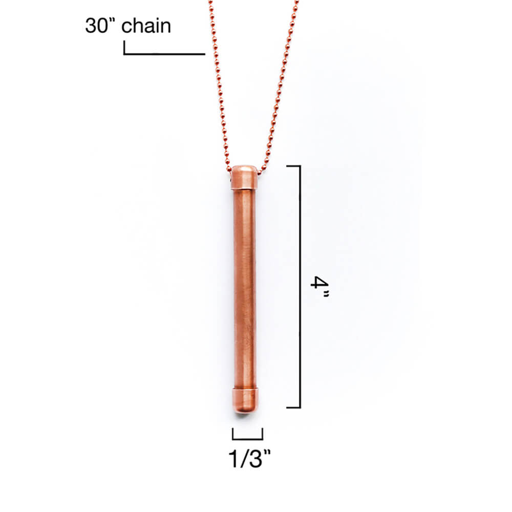 One 4" Magic Wand Halo Necklace on 30" copper beaded ballchain necklace. Necklace is lacquered so will not turn neck green. Made in USA from natural antimicrobial copper. Roll between hands to kill 99.97% of bacteria, virus, and germs. All Natural Hand Sanitizers, Chemical Free, Lasts Forever. Will not chap hands or make sore. Recyclable. EPA registered. Patented