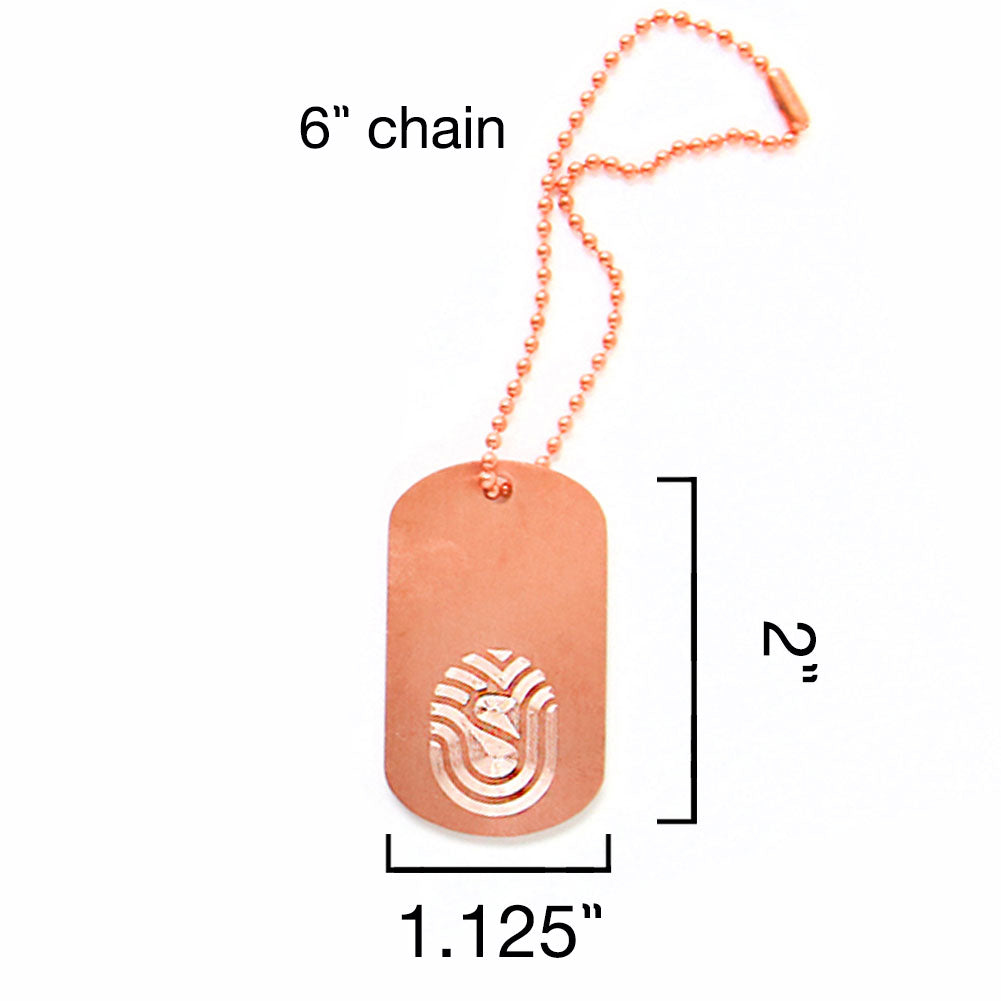 Antimicrobial Copper DogTag Charm is 2" long and 1.125" wide on a 6” copper ball chain made in USA from natural antimicrobial copper attaches to germy things we touch most. All Natural Hand Sanitizers, Chemical Free, Lasts Forever. Will not chap hands or make sore. Recyclable. Kills 99.9% of Harmful Bacteria. EPA registered. 