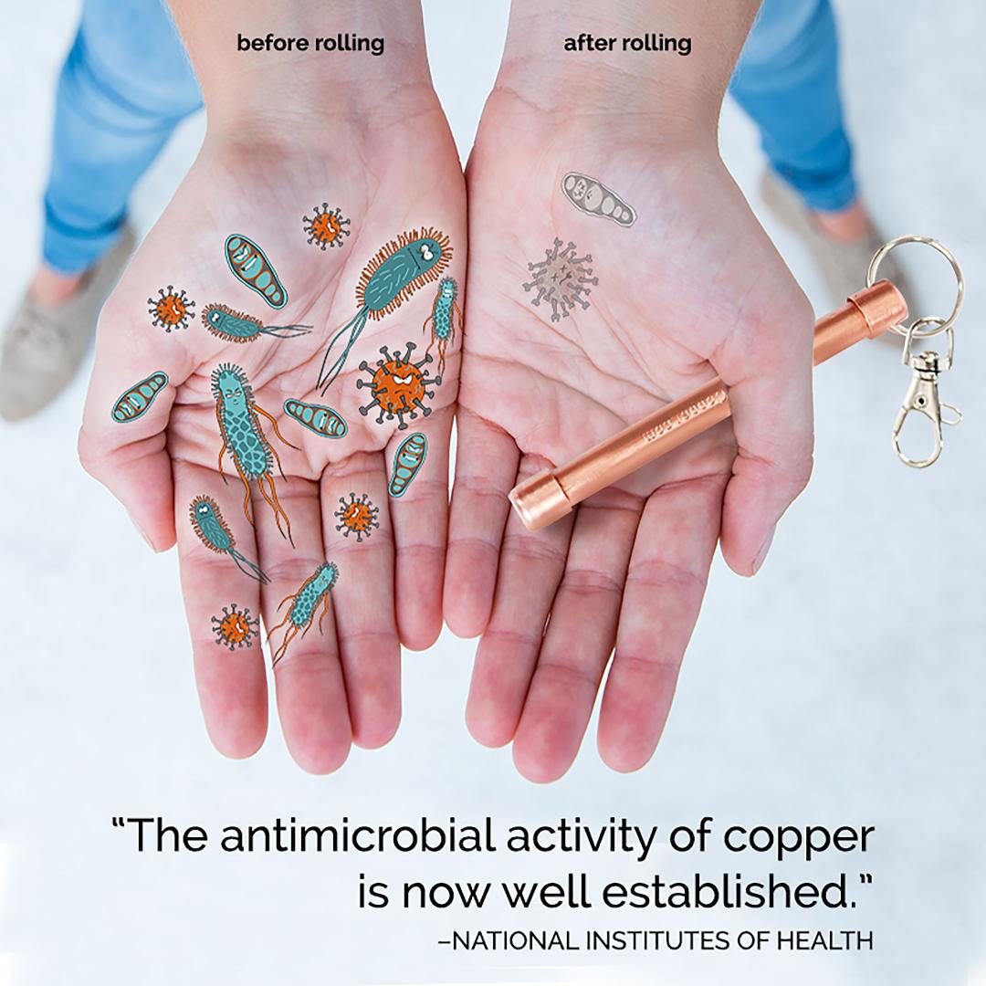 "The antimicrobial activity of copper is now well established." - National Institutes of Health Shows before and after rolling One 4" Magic Wand Hand Roller with swivel keyclip between hands. Made in USA from natural antimicrobial copper. Roll between hands to kill 99.97% of bacteria, virus, and germs. All Natural Hand Sanitizers, Chemical Free, Lasts Forever. Will not chap hands or make sore. Recyclable. EPA registered. Patented