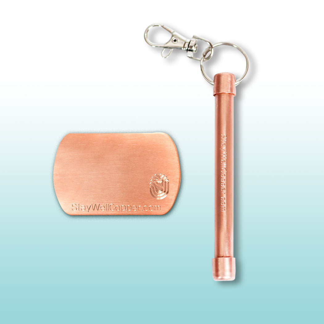 2" x 1.5" Adhesive Phone Patch and 4" Magic Wand Hand Roller with swivel keyclip made in USA from natural antimicrobial copper attaches to germy things we touch most – phones, car keys etc. All Natural Hand Sanitizers, Chemical Free, Lasts Forever. Will not chap hands or make sore. Recyclable. Kills 99.9% of Harmful Bacteria. EPA registered. Patented 