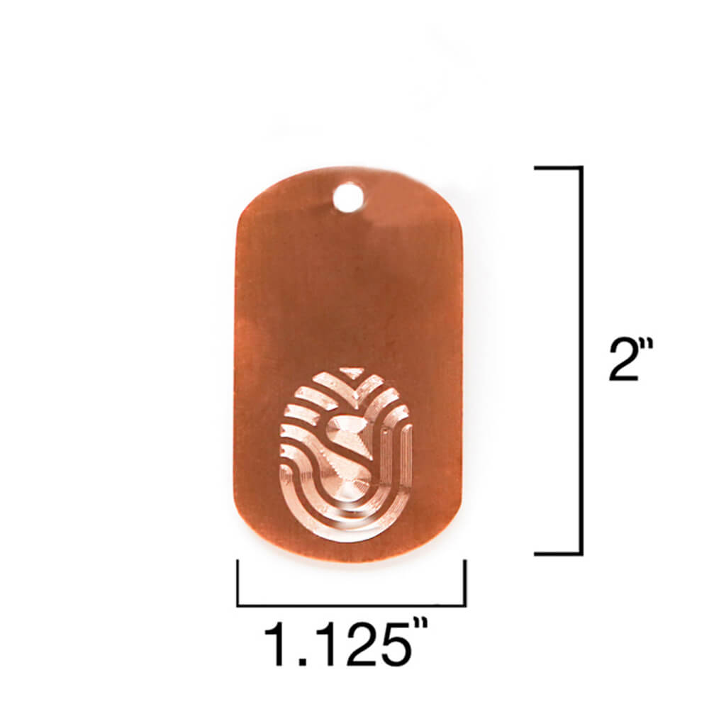 copper dog tag showing measurements of 1.125 by 2 inches Copper plate with Staywell logo  kills 99.97% of germs and bacteria!