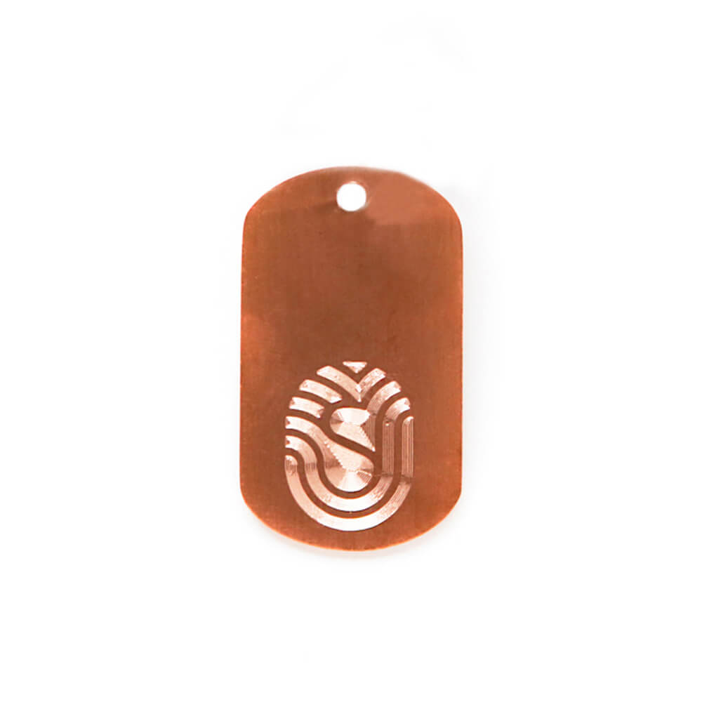 Copper dog tag plate with Staywell logo  kills 99.97% of germs and bacteria!
